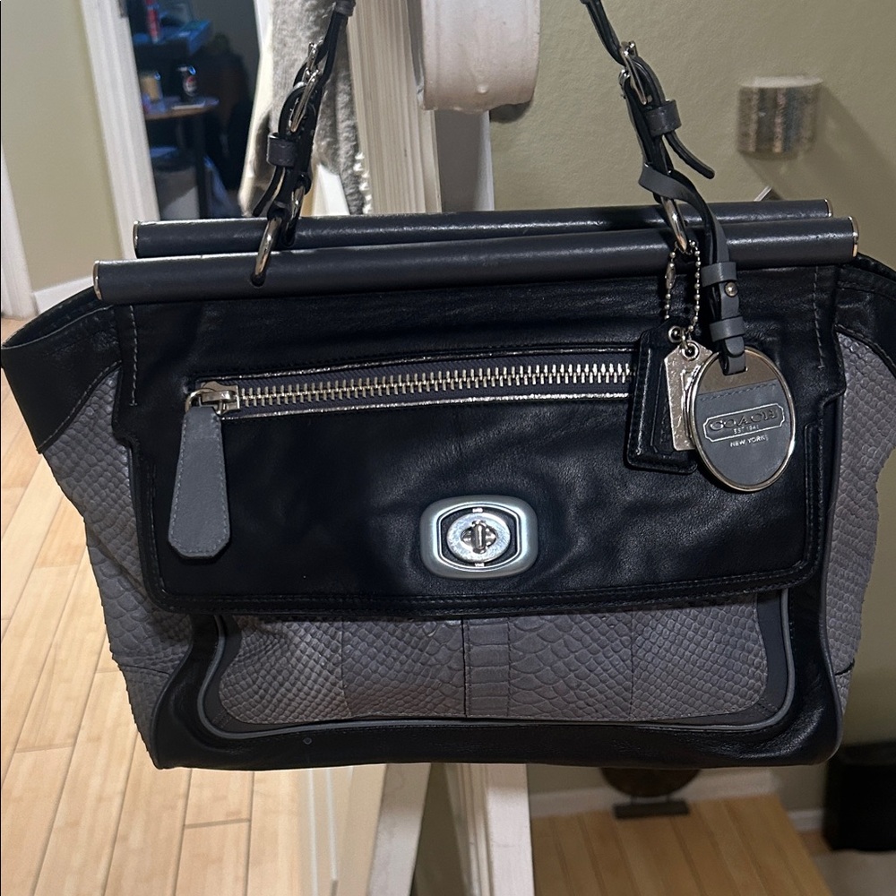 Coach Black and Gray Leather Satchel with Turn-Lock Front